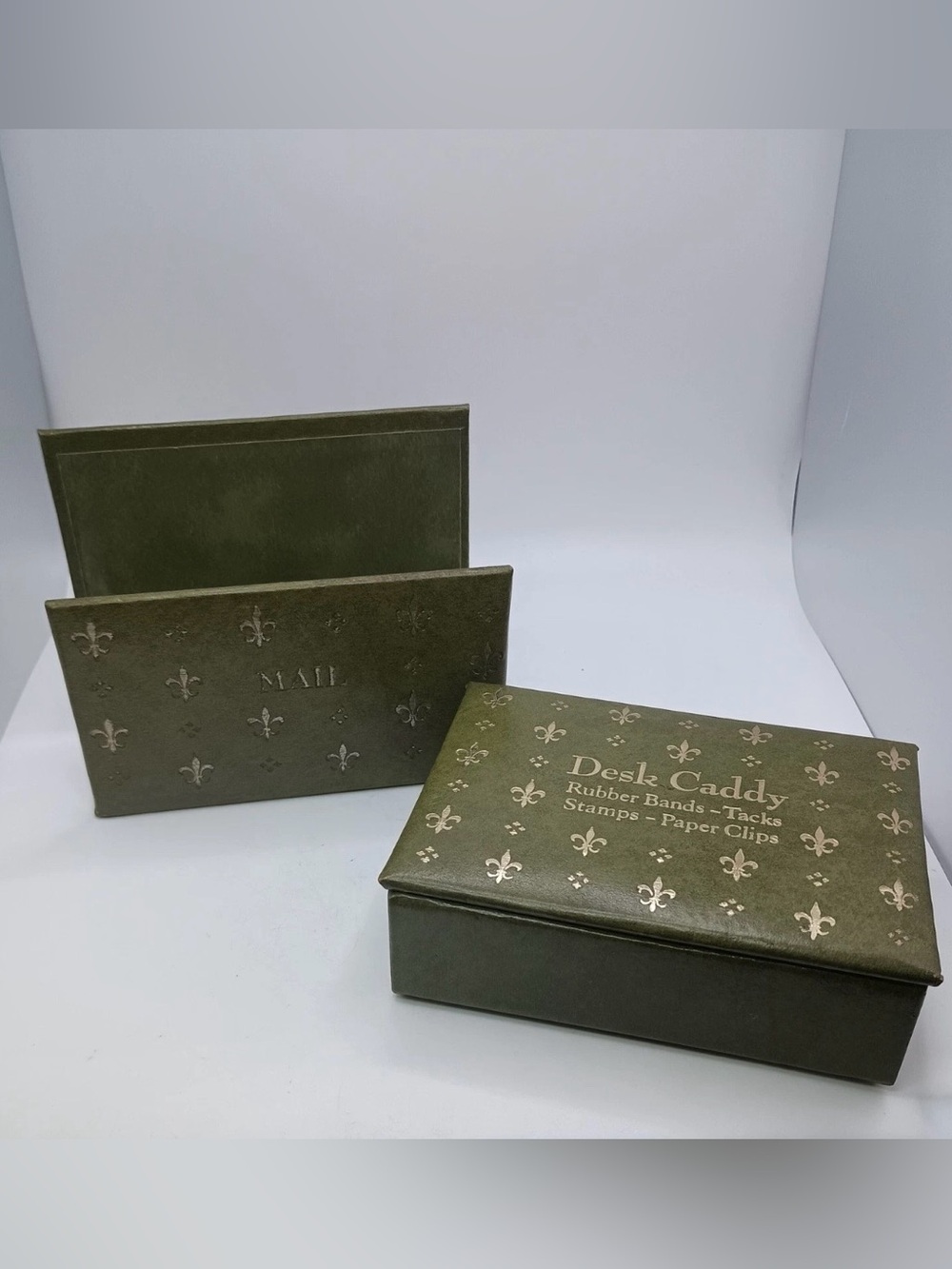 VTG MCM Desk Caddy Organizer and mail organizer Vinyl Green w/ Gold Lettering